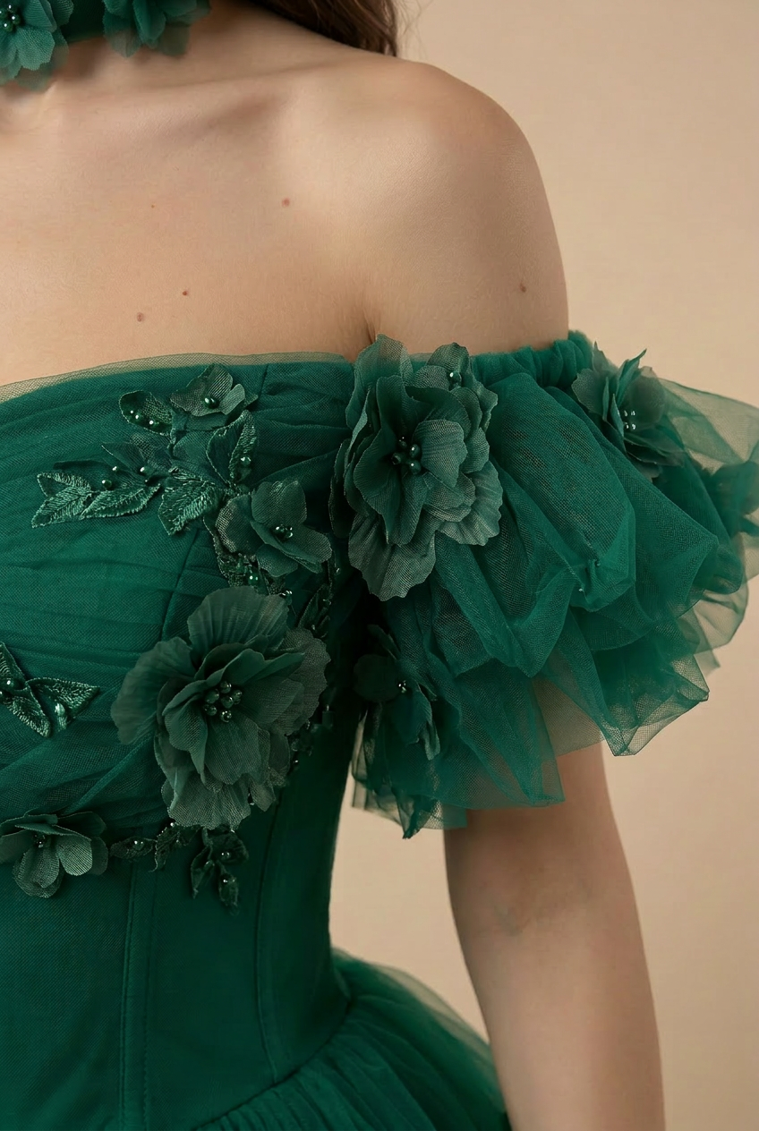 Gothic Emerald Green Ball Gown with Floral Accents