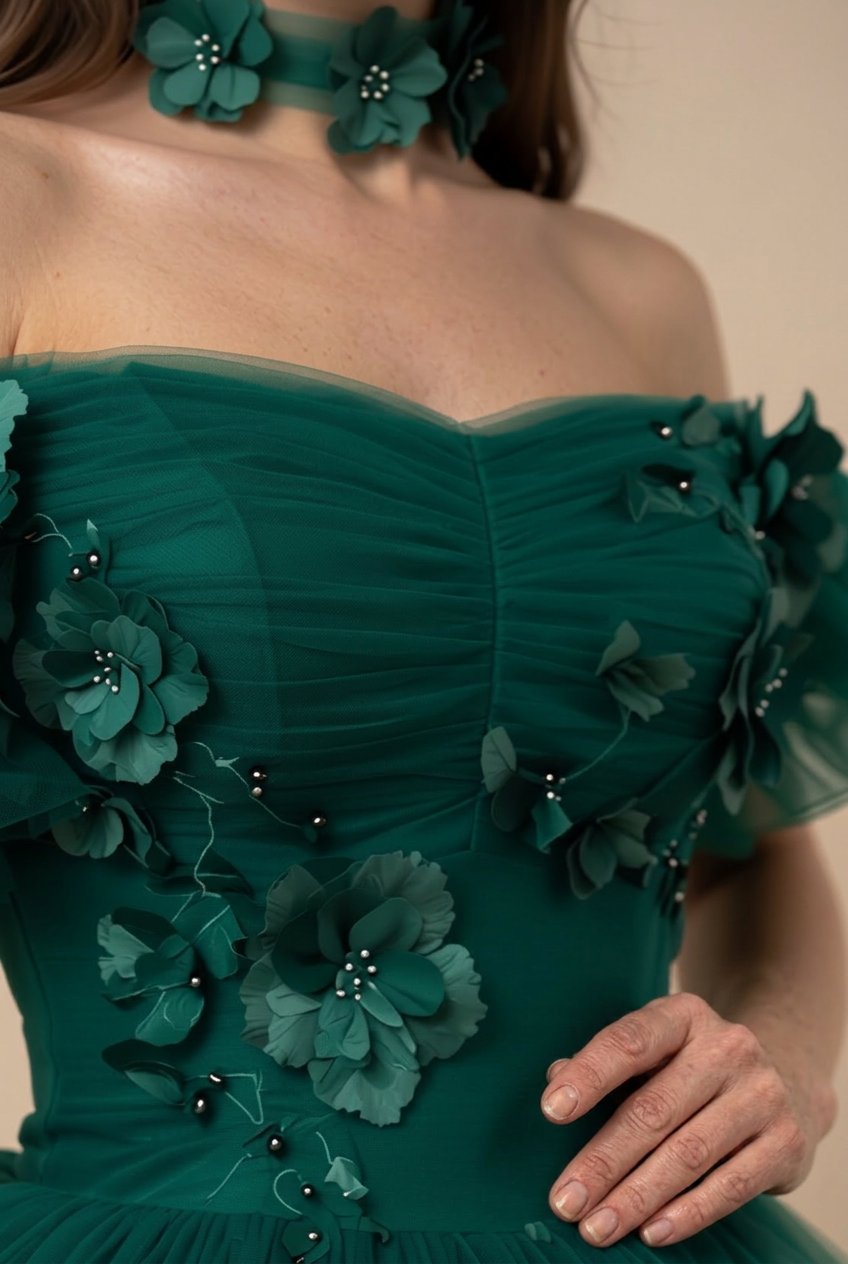 Gothic Emerald Green Ball Gown with Floral Accents - Off Shoulder Wedding Dress Plus Size