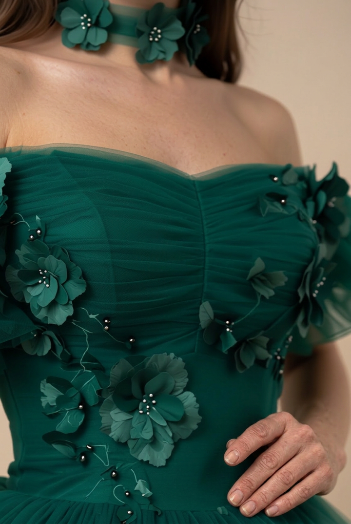 Gothic Emerald Green Ball Gown with Floral Accents - Off Shoulder Wedding Dress Plus Size