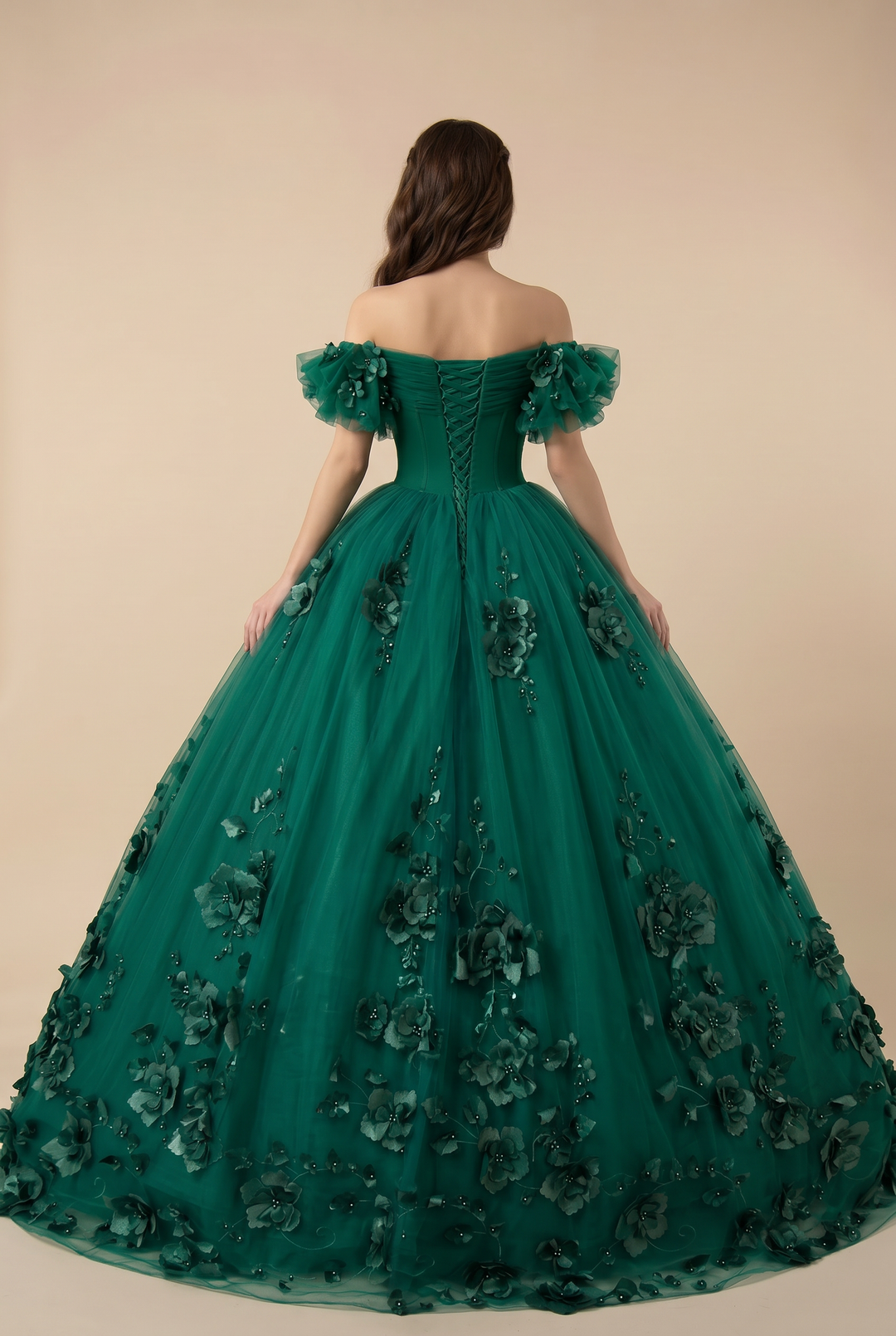 Gothic Emerald Green Ball Gown with Floral Accents - Off Shoulder Wedding Dress Plus Size