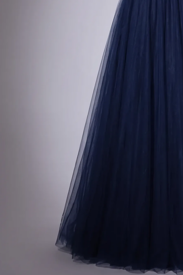 Gothic Navy Blue Velvet Evening Gown with Tulle - Navy Off-Shoulder Dress with Corset Back Plus Size