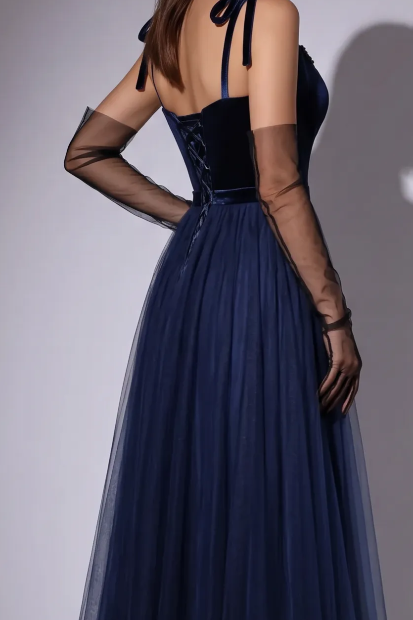 Gothic Navy Blue Velvet Evening Gown with Tulle - Navy Off-Shoulder Dress with Corset Back Plus Size