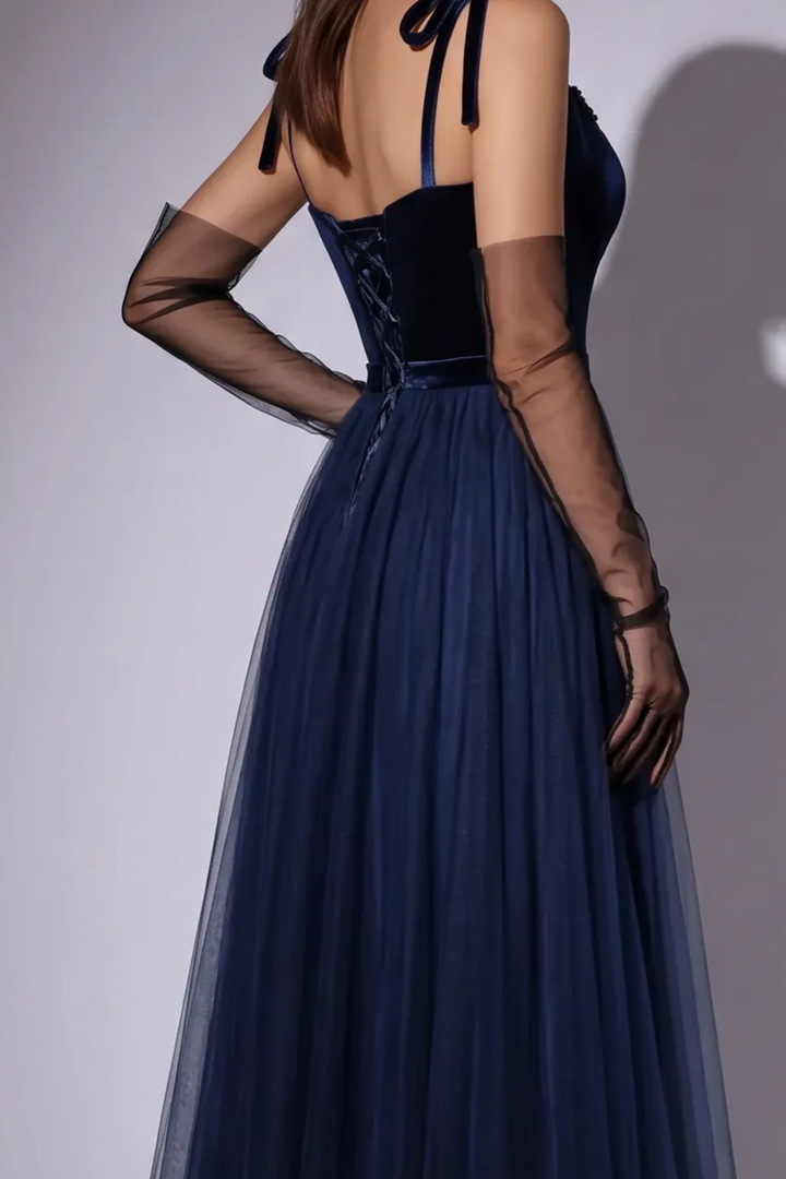 Gothic Navy Blue Velvet Evening Gown with Tulle - Navy Off-Shoulder Dress with Corset Back Plus Size