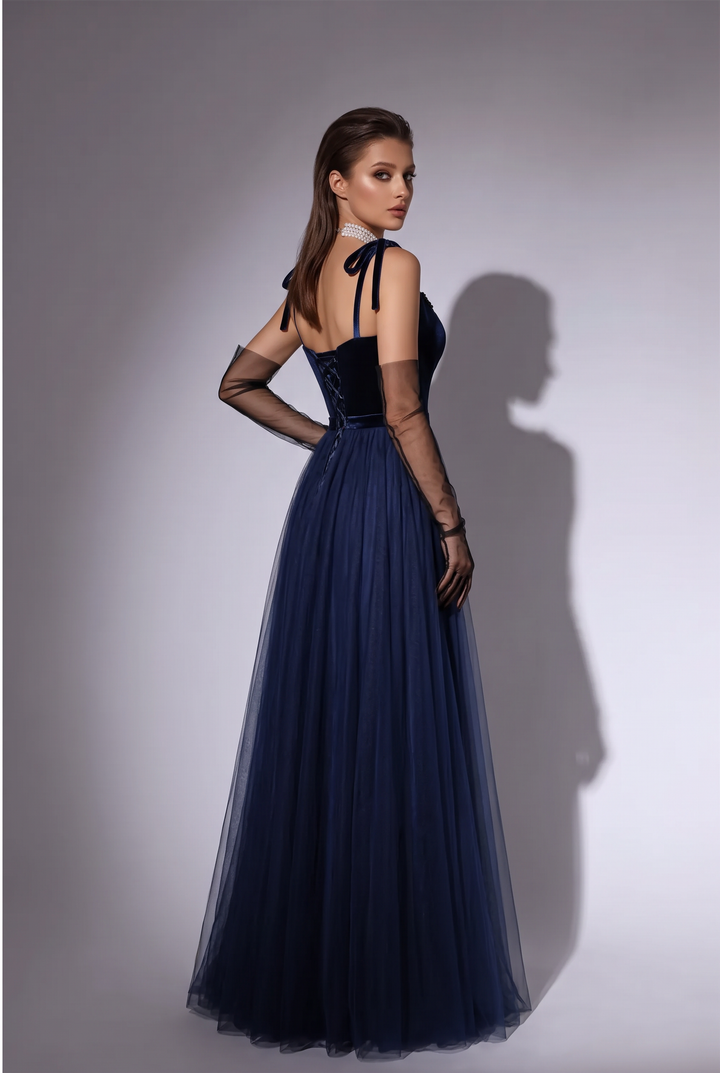 Gothic Navy Blue Velvet Evening Gown with Tulle - Navy Off-Shoulder Dress with Corset Back Plus Size
