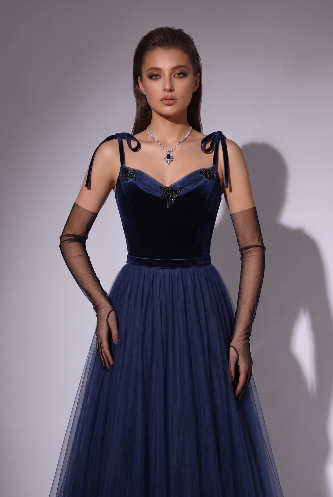 Gothic Navy Blue Velvet Evening Gown with Tulle - Navy Off-Shoulder Dress with Corset Back Plus Size