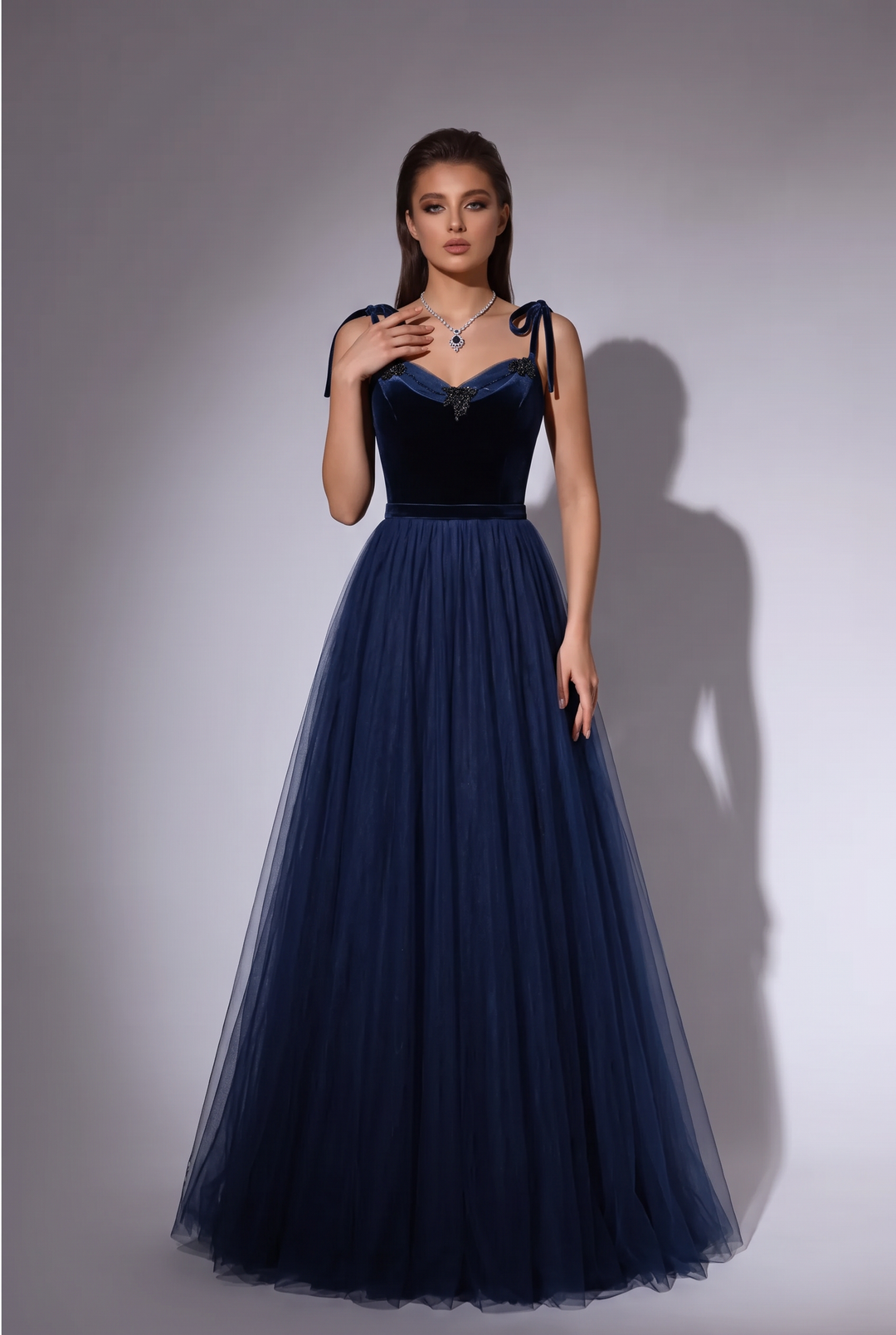 Gothic Navy Blue Velvet Evening Gown with Tulle - Navy Off-Shoulder Dress with Corset Back Plus Size