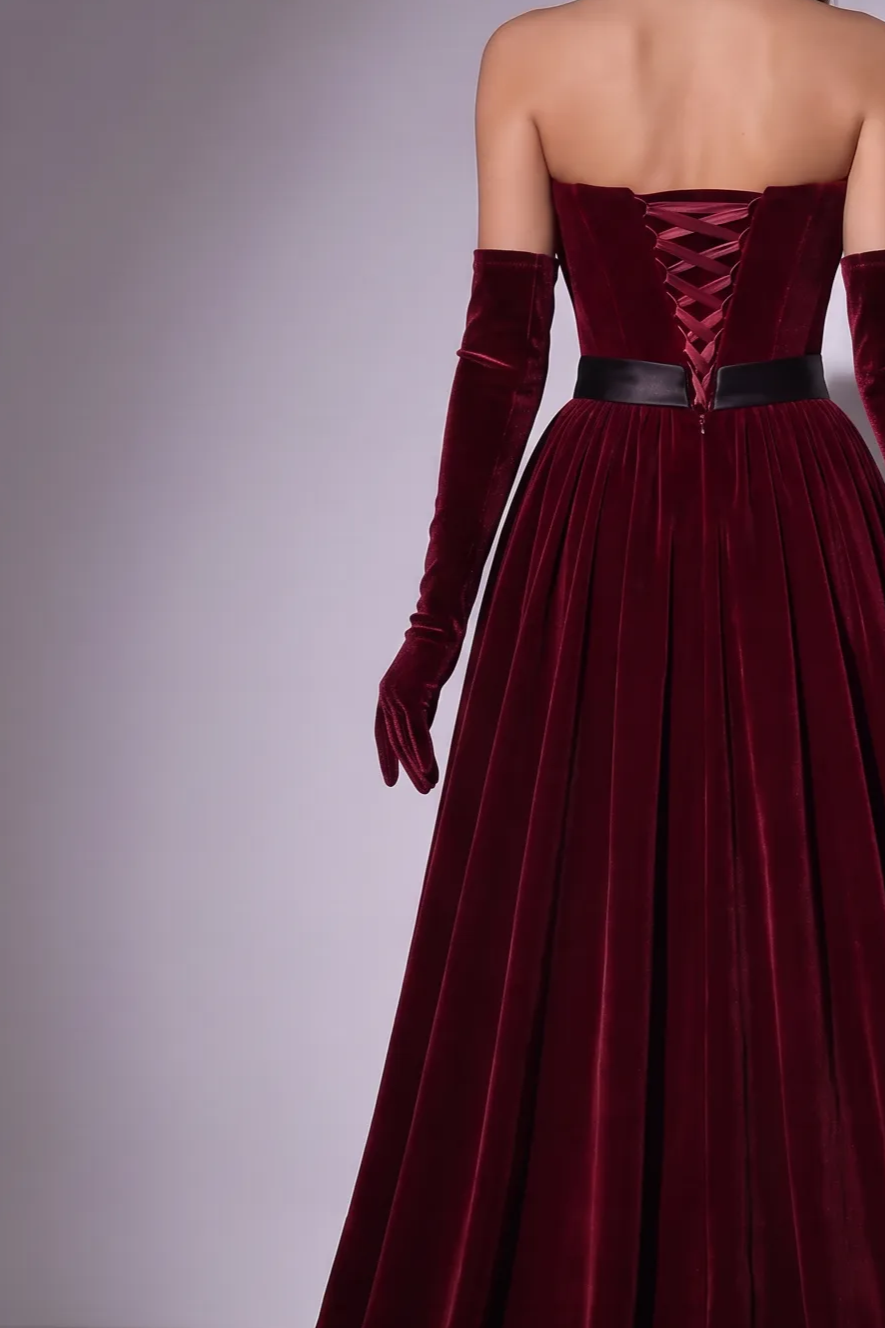 Gothic Red Velvet Evening Dress with Bow - Off the Shoulder Evening Gown - Evening Dress Red Colour with Corset Back Plus Size