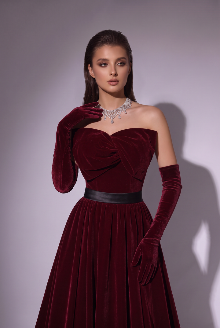 Gothic Red Velvet Evening Dress with Bow - Off the Shoulder Evening Gown - Evening Dress Red Colour with Corset Back Plus Size
