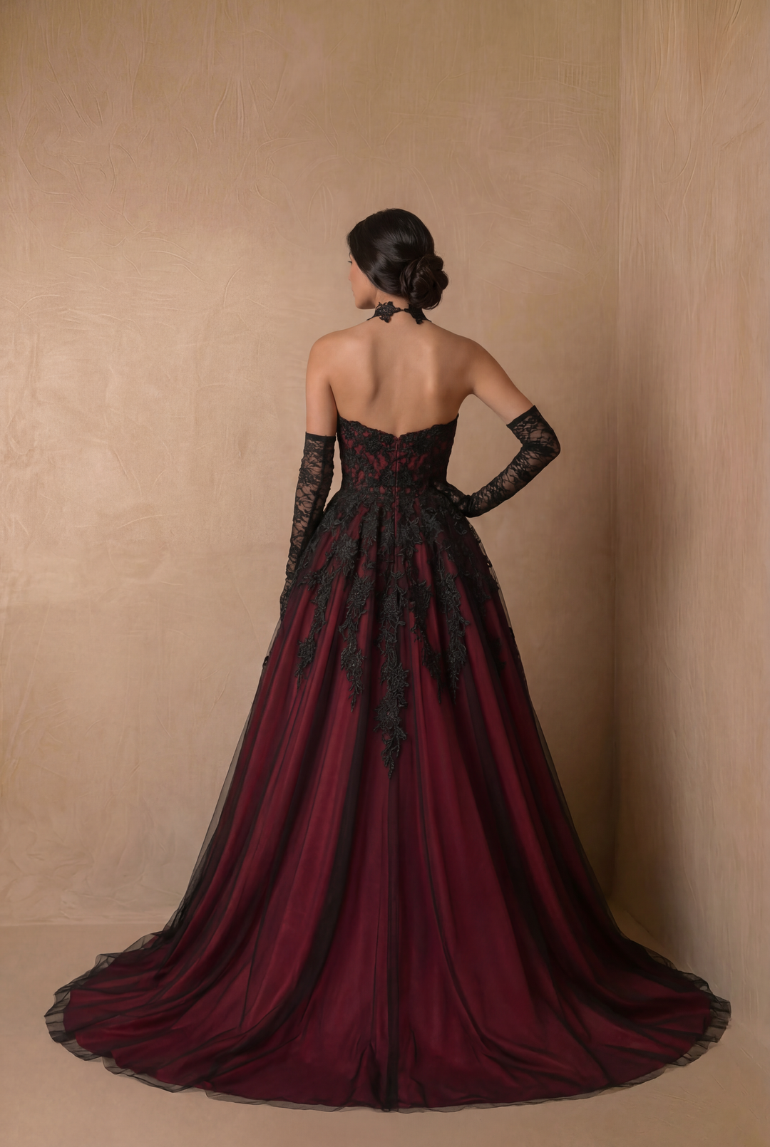 Burgundy Black Lace Strapless Gothic Ball Gown Embroidered Tulle Full Skirt Evening Dress Gothic Bridal Dress Plus Size Burgundy Black Lace Strapless Gothic Ball Gown Embroidered Tulle Full Skirt Evening Dress Gothic Bridal Dress Plus Size