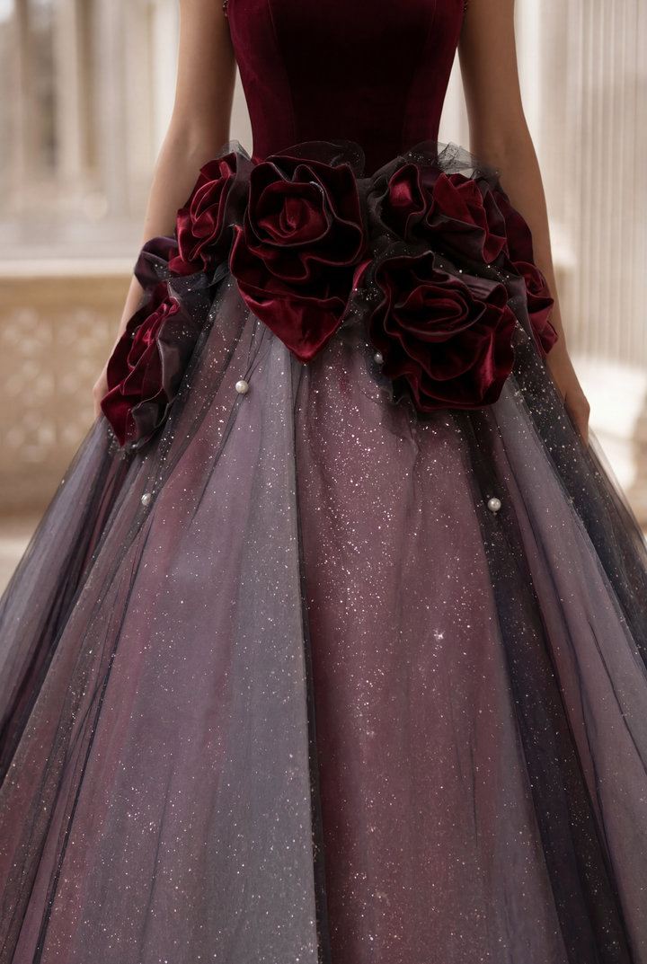 Gothic Black And Red Off Shoulder Ball Gown Wedding Dress With Rose Tulle Plus Size