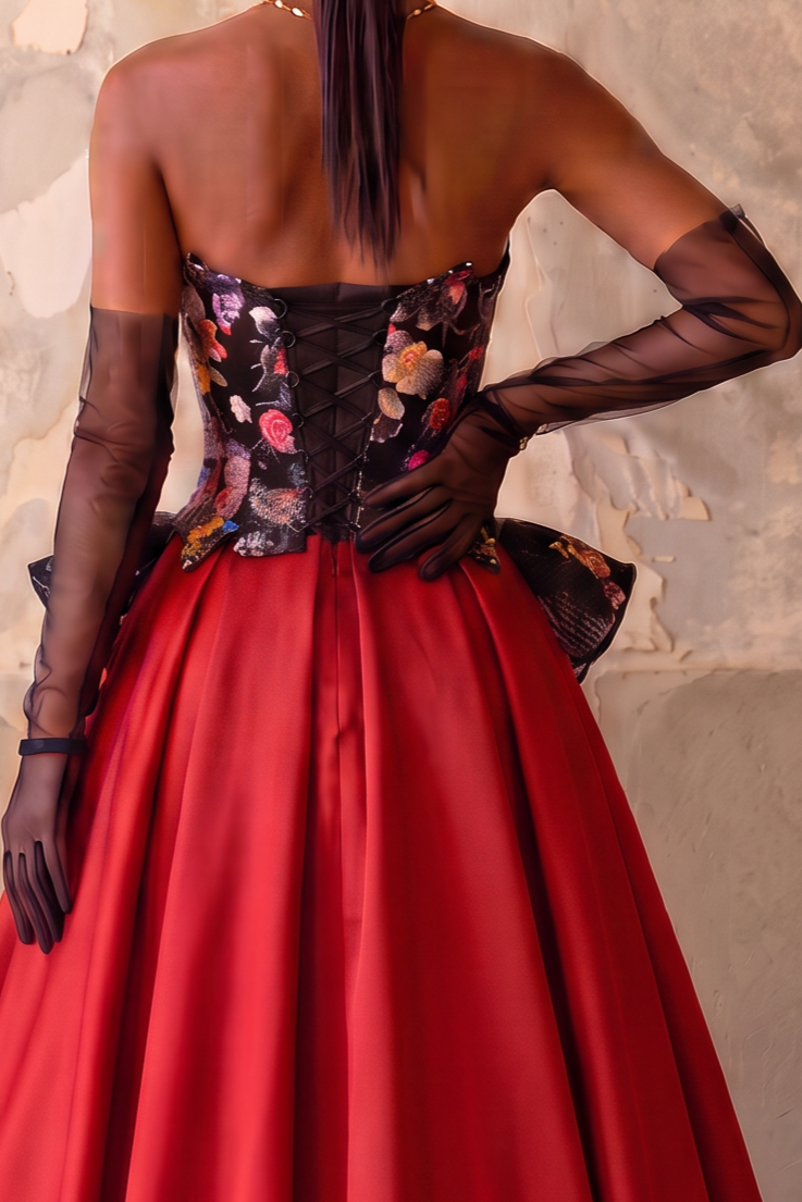 Gothic Black And Red Strapeless Floral Formal Dress - Plus Size