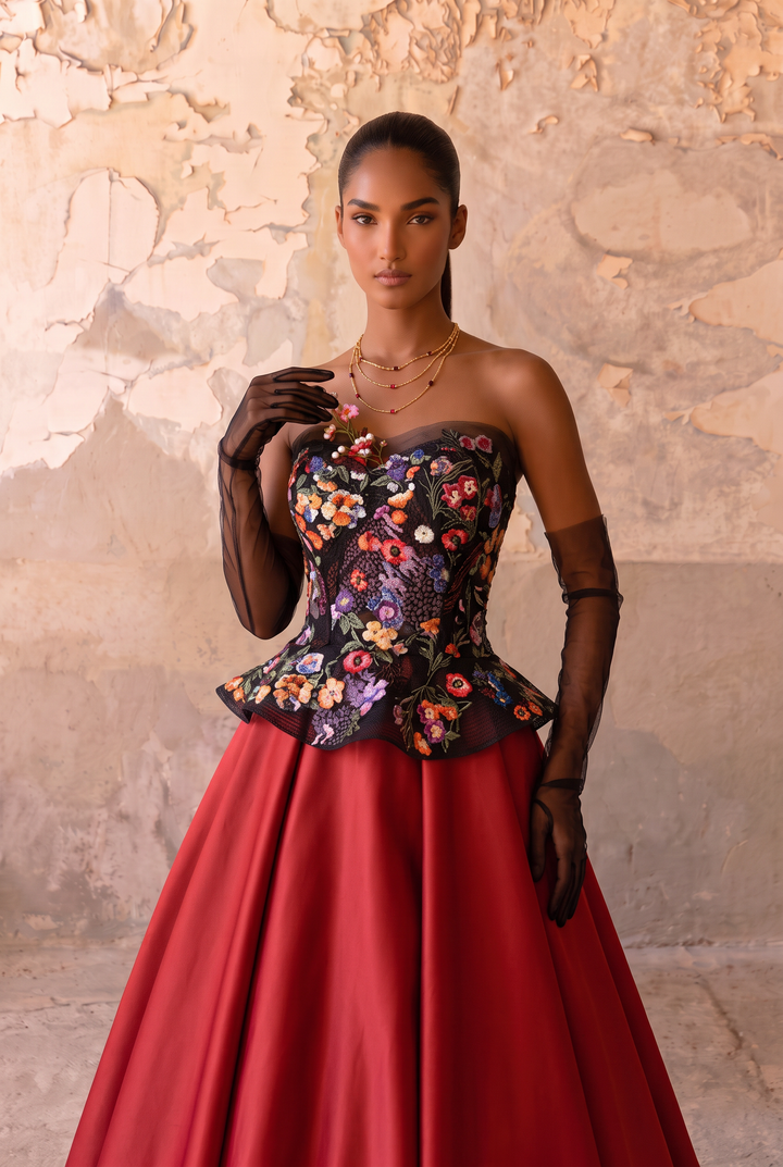 Gothic Black And Red Strapeless Floral Formal Dress - Plus Size