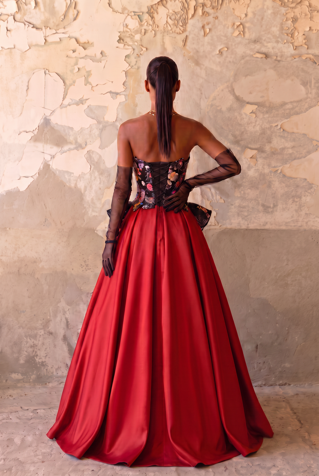 Gothic Black And Red Strapeless Floral Formal Dress - Plus Size