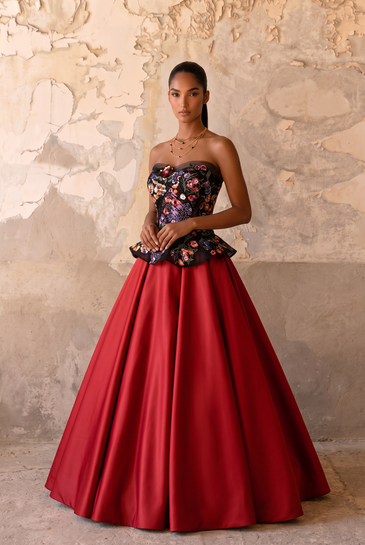 Gothic Black And Red Strapeless Floral Formal Dress - Plus Size