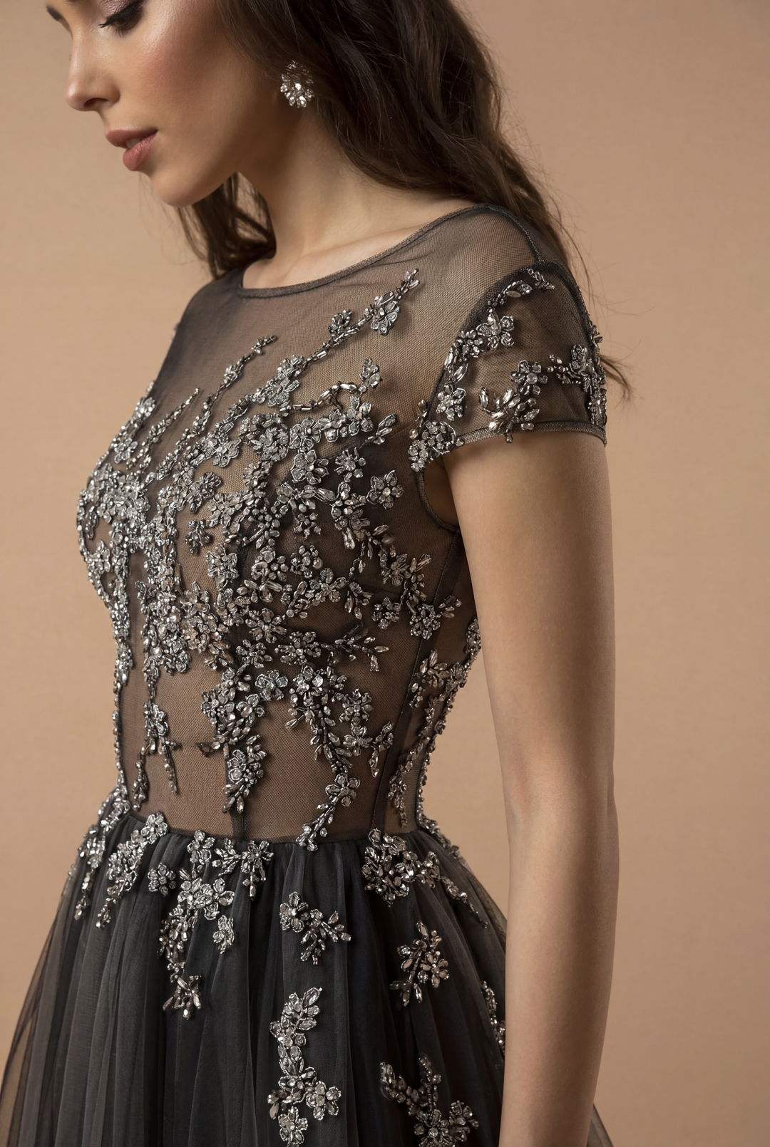 Gothic Grey And Silver Charcoal Sequins A-Line Gown -Tulle Beaded Wedding Dress Plus Size