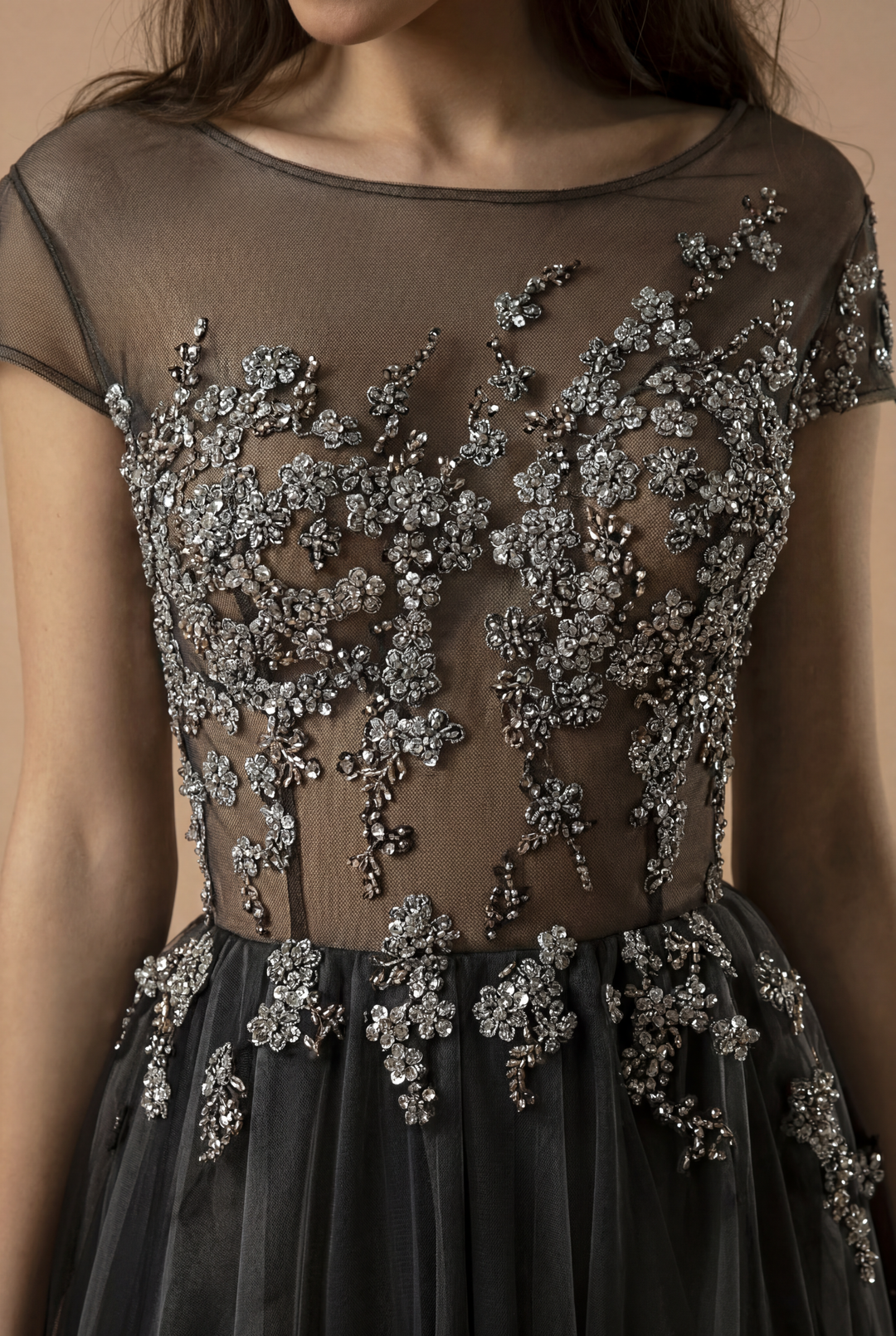 Gothic Grey And Silver Charcoal Sequins A-Line Gown -Tulle Beaded Wedding Dress Plus Size