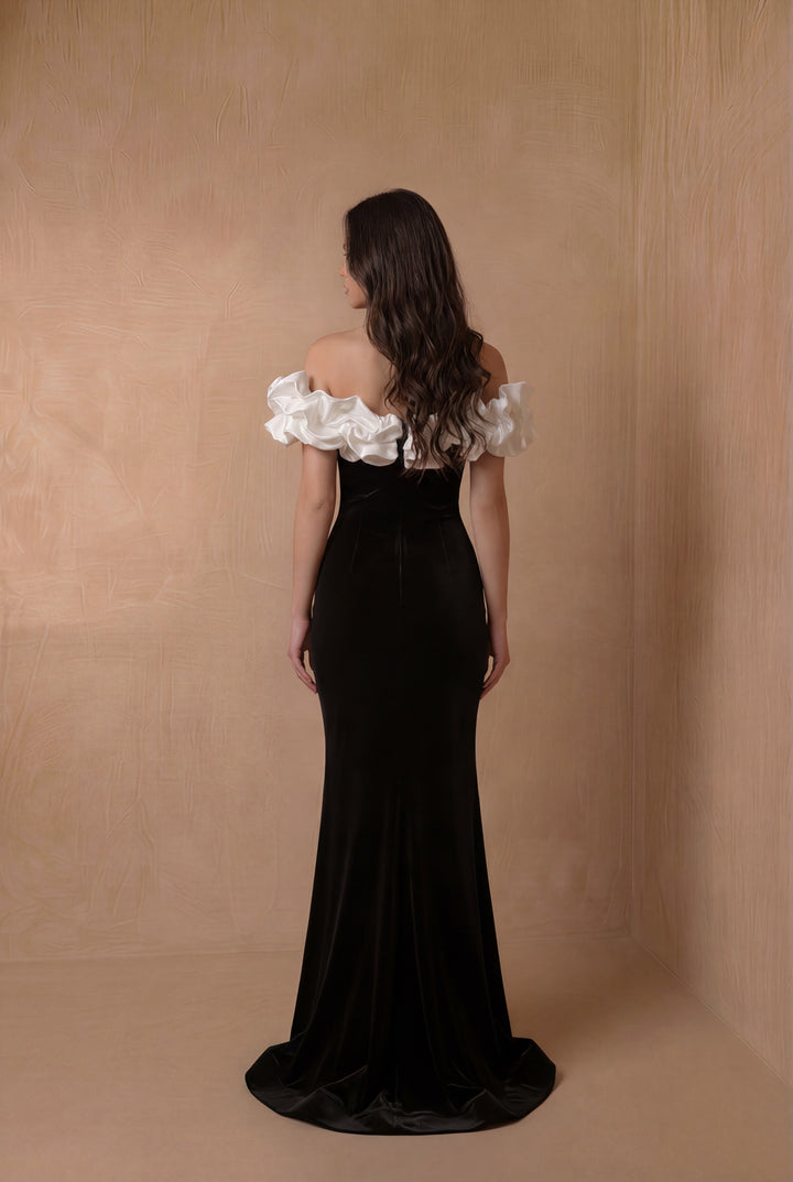 Gothic Black And White Velvet Evening Gown - With Ruffle Plus Size Formal Dress