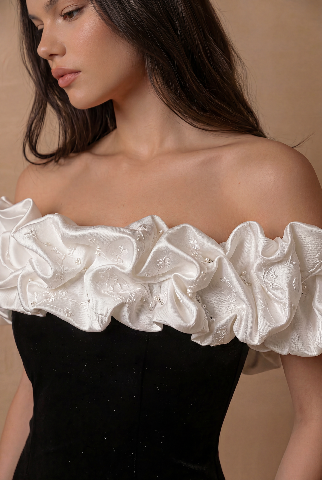 Gothic Black And White Velvet Evening Gown - With Ruffle Plus Size Formal Dress