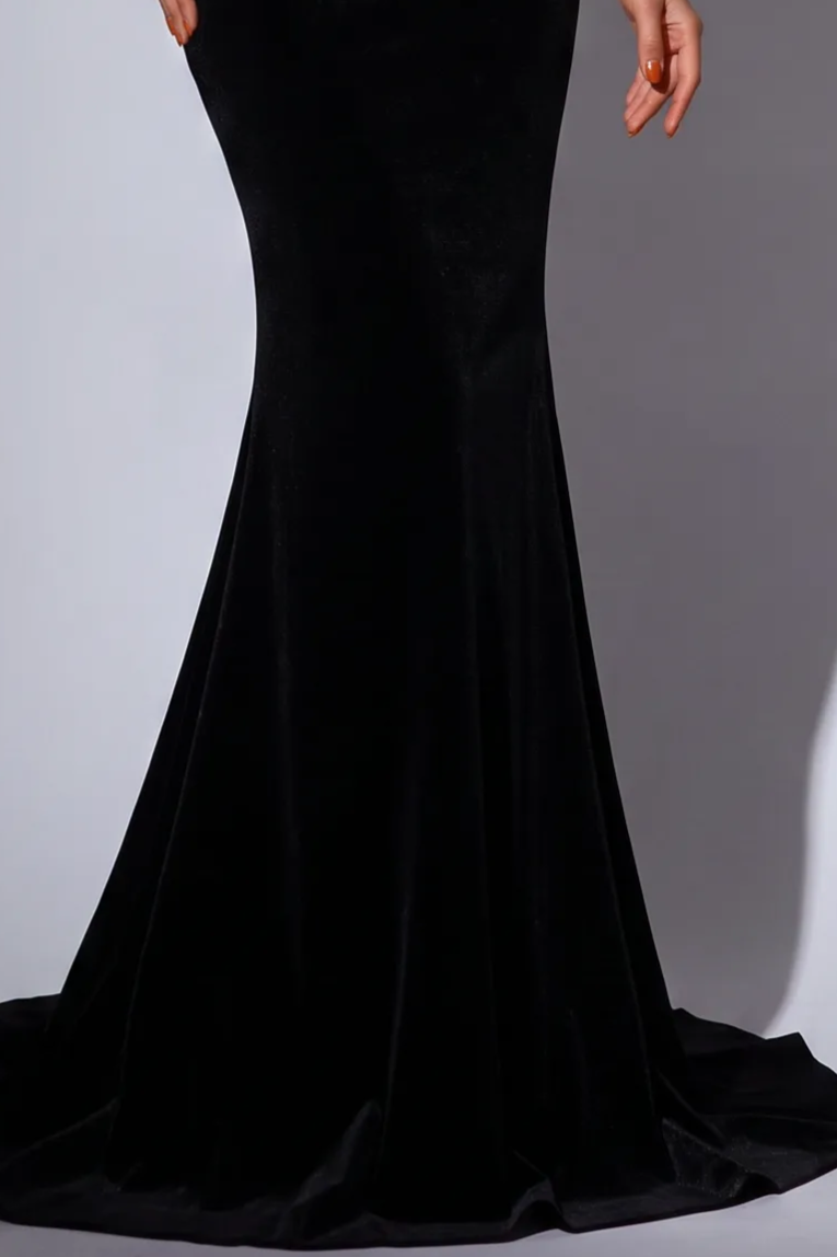 Gothic Black And White Feather Off Shoulder V-neck Velvet Evening Gown - Plus Size