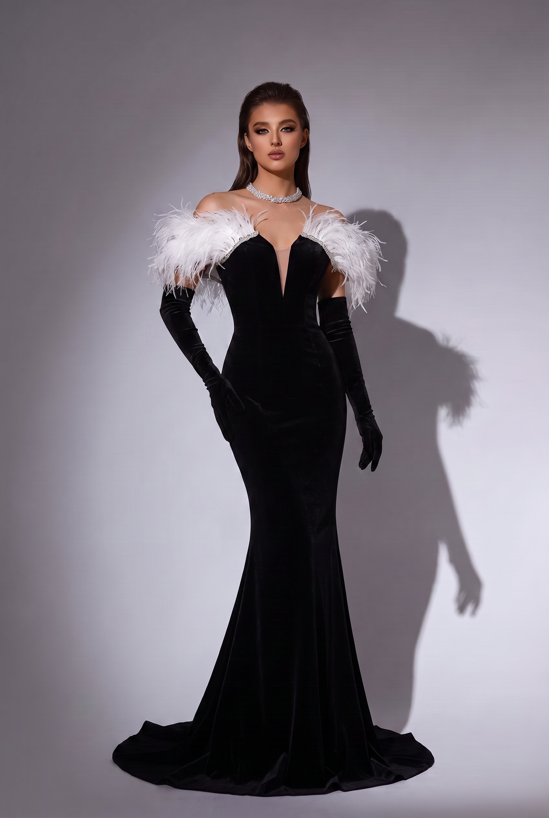 Gothic Black And White Feather Off Shoulder V-neck Velvet Evening Gown - Plus Size
