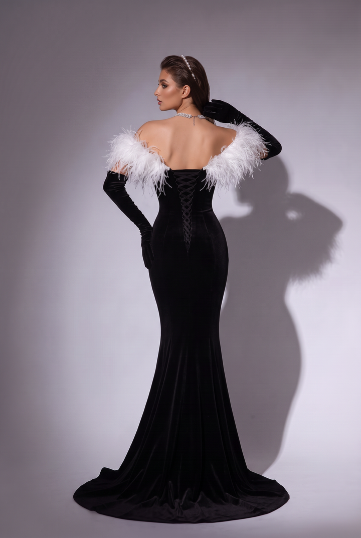 Gothic Black And White Feather Off Shoulder V-neck Velvet Evening Gown - Plus Size