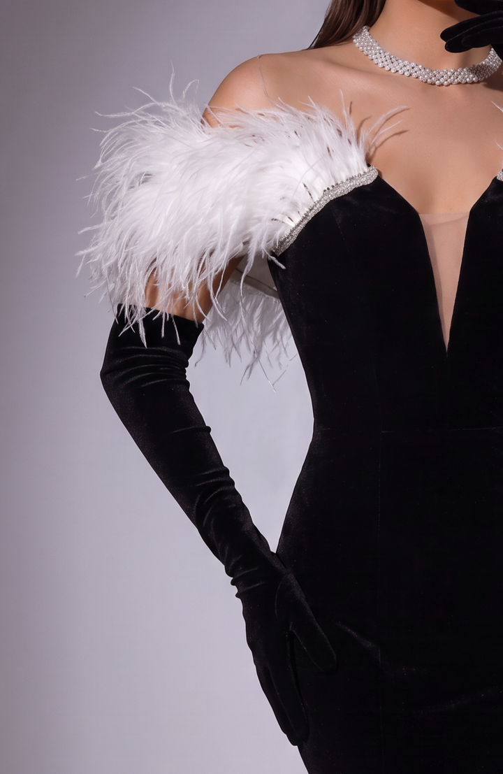 Gothic Black And White Feather Off Shoulder V-neck Velvet Evening Gown - Plus Size