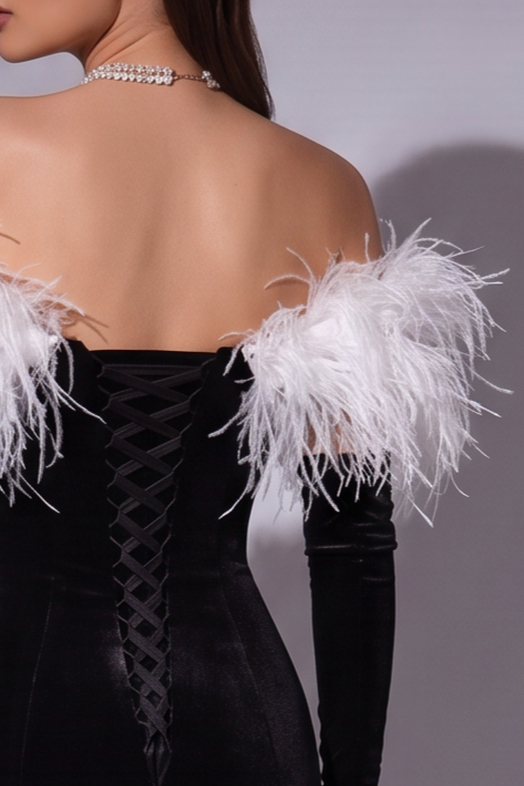 Gothic Black And White Feather Off Shoulder V-neck Velvet Evening Gown - Plus Size