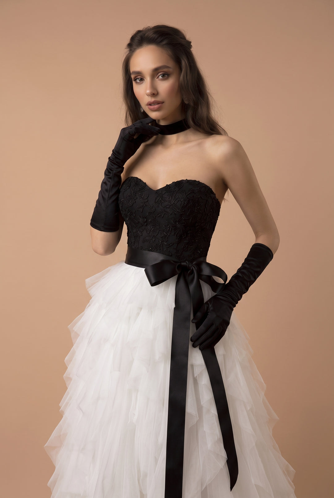 Gothic Black And White Lace Beaded Strapless Formal Dress Plus Size