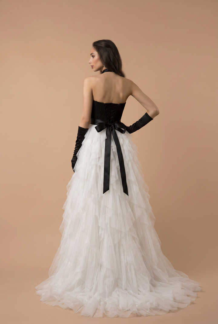Gothic Black And White Lace Beaded Strapless Formal Dress Plus Size