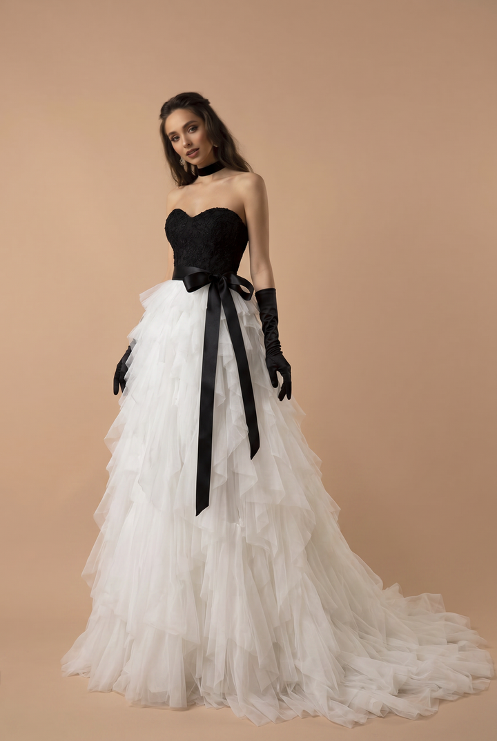 Gothic Black And White Lace Beaded Strapless Formal Dress Plus Size