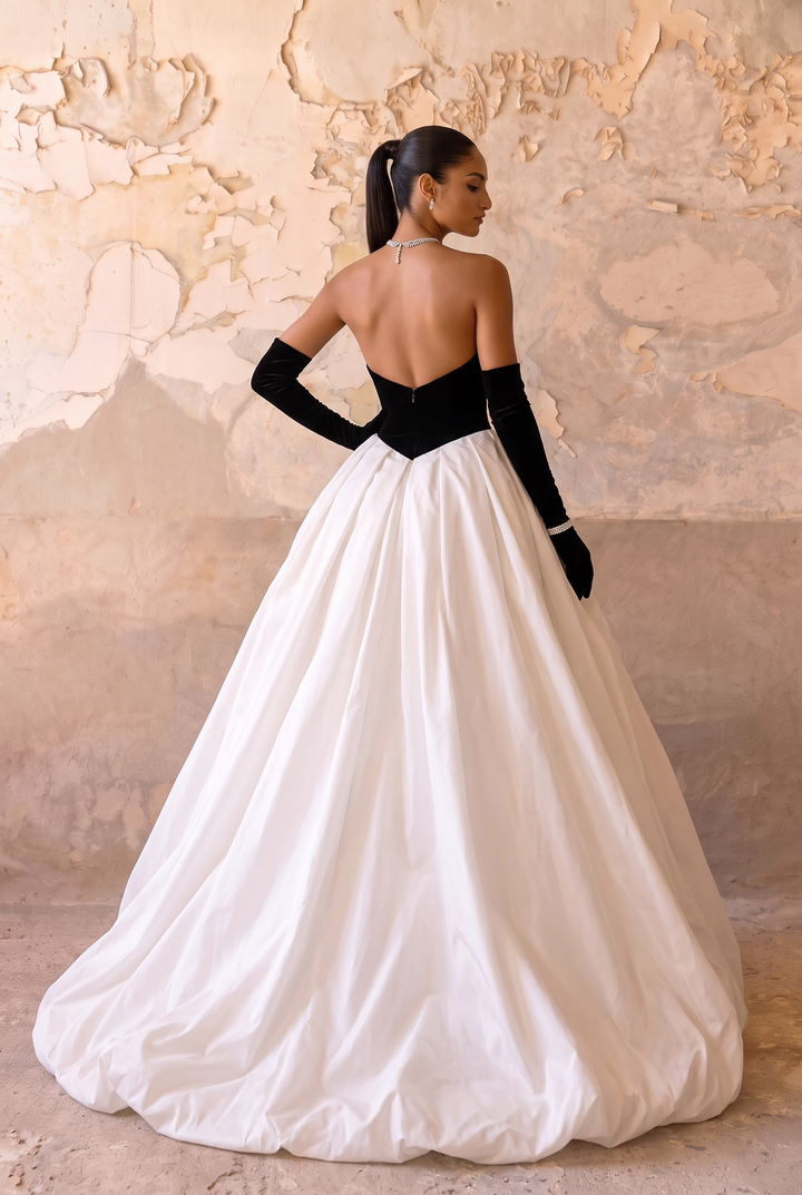 Gothic Black And White Off Shoulder Embellished Formal Dress - Evening Gown With Gloves Plus Size