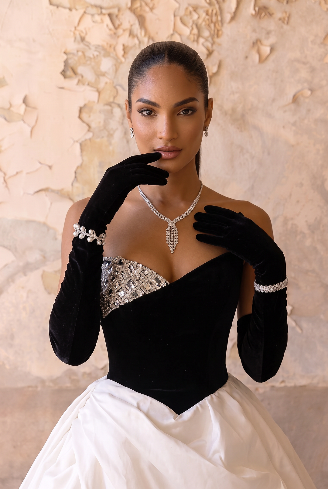 Gothic Black And White Off Shoulder Embellished Formal Dress - Evening Gown With Gloves Plus Size