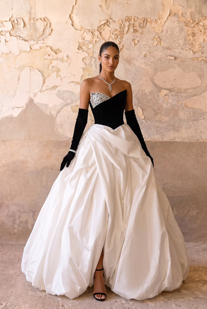 Gothic Black And White Off Shoulder Embellished Formal Dress - Evening Gown With Gloves Plus Size