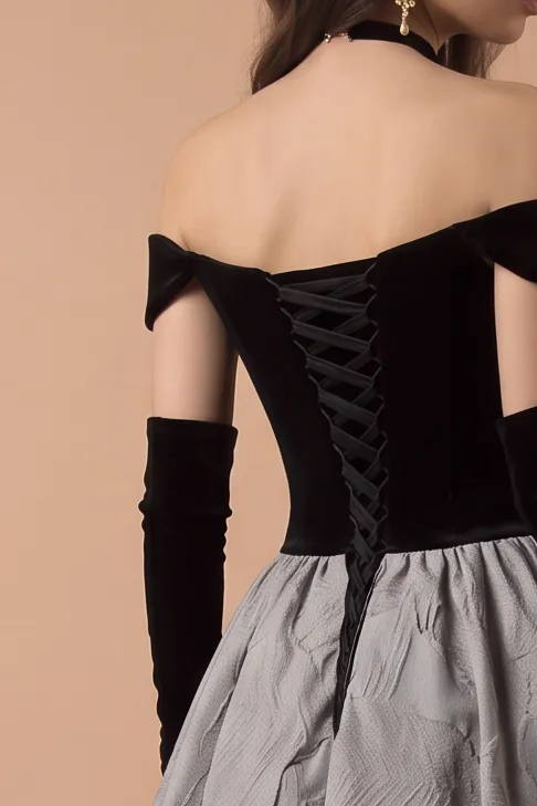 Gothic Black Corset Wedding Dress  - Velvet Off Shoulder Formal Dress - Plus Size
