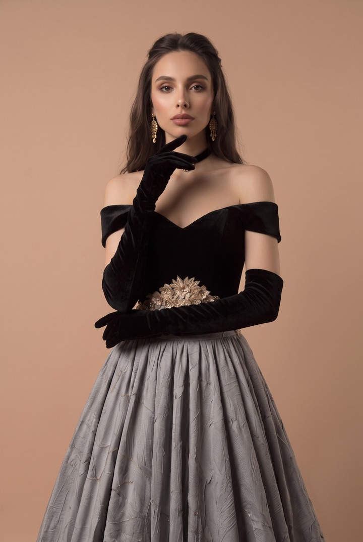 Gothic Black Corset Wedding Dress  - Velvet Off Shoulder Formal Dress - Plus Size