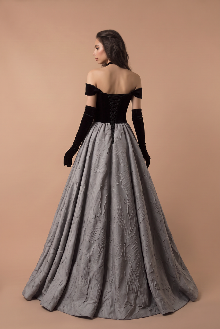 Gothic Black Corset Wedding Dress  - Velvet Off Shoulder Formal Dress - Plus Size