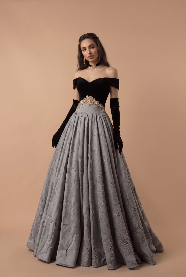 Gothic Black Corset Wedding Dress  - Velvet Off Shoulder Formal Dress - Plus Size
