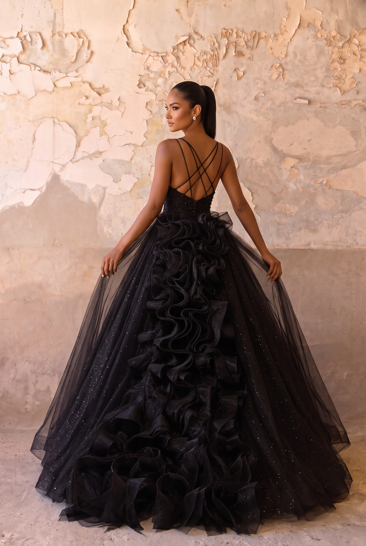 Gothic Black Dress for Wedding Party - Tulle Ball Gown with Beaded Straps and Ruffle Train Plus Size
