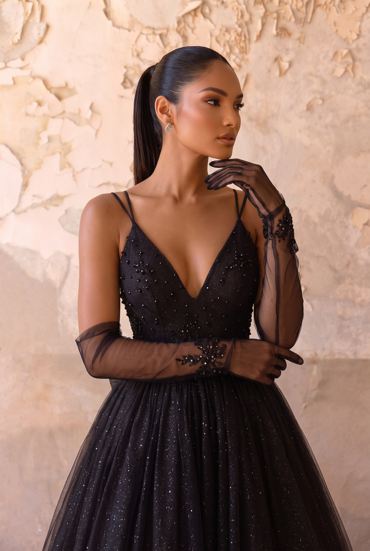 Gothic Black Dress for Wedding Party - Tulle Ball Gown with Beaded Straps and Ruffle Train Plus Size