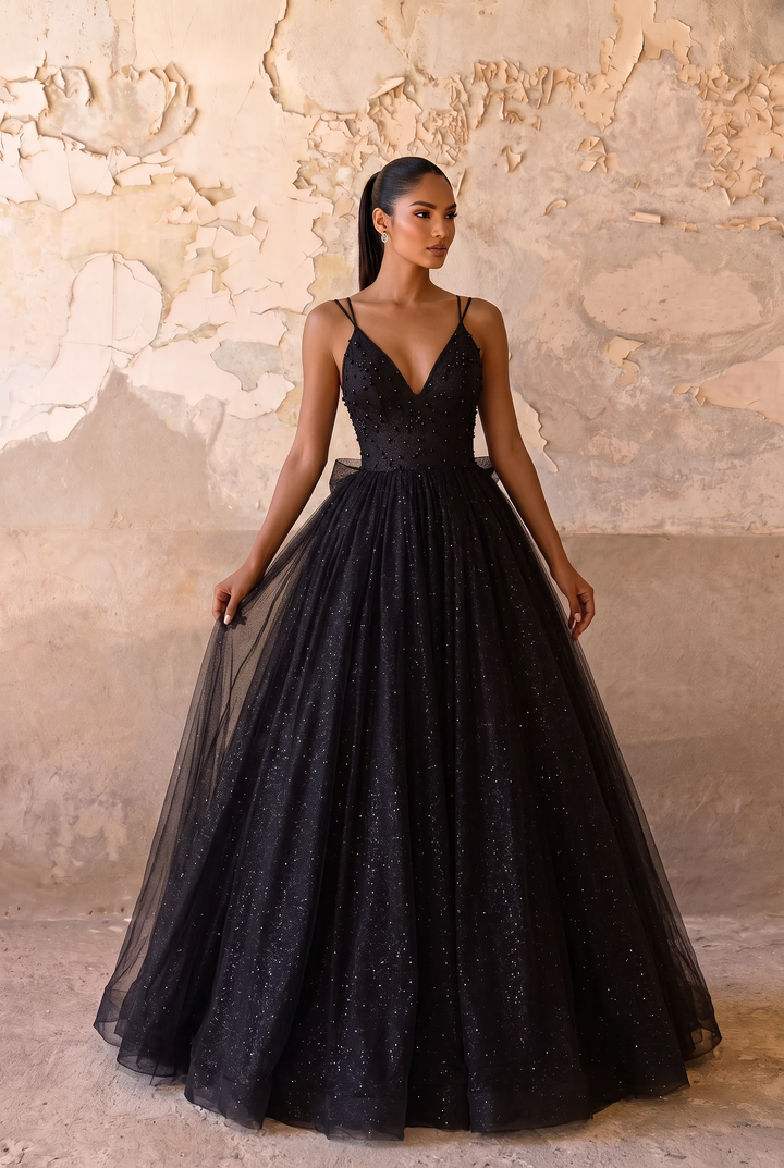 Gothic Black Dress for Wedding Party - Tulle Ball Gown with Beaded Straps and Ruffle Train Plus Size