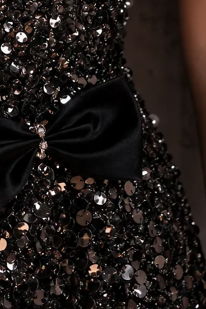 Gothic Black Dsigner Sequin Gown with Ruffled Bodice and Strapless – Black Formal Wear Dresses with Corset Back Plus Size