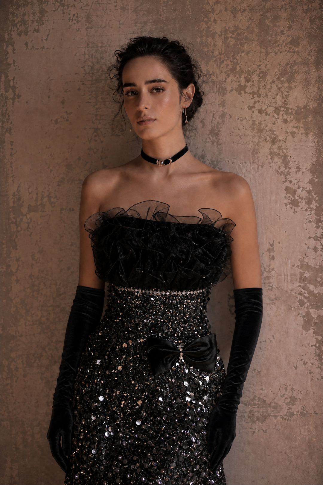 Gothic Black Dsigner Sequin Gown with Ruffled Bodice and Strapless – Black Formal Wear Dresses with Corset Back Plus Size