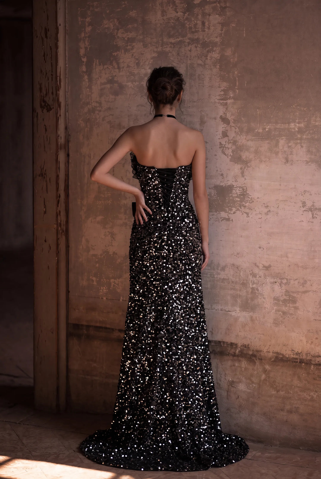 Gothic Black Dsigner Sequin Gown with Ruffled Bodice and Strapless – Black Formal Wear Dresses with Corset Back Plus Size