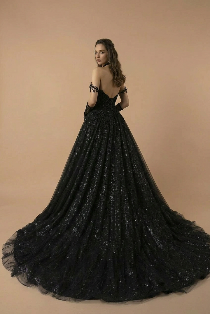 black glitter wedding dress Sophisticated A-Line with Sequin Sparkle Graphic Lace professional look and structure that maintains its integrity all night long Black Sparkly Wedding Dress Ball