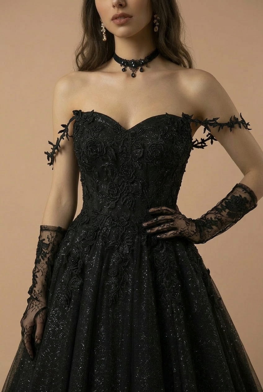Gothic Black Glitter Ball Gown Wedding Dress - Off the Shoulder Wedding Dress