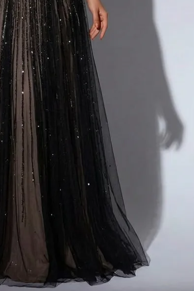 Gothic Black Glitter Sequin Ball Gown with Draped Shoulders - Elegant Black Glitter Dress Long Plus Size