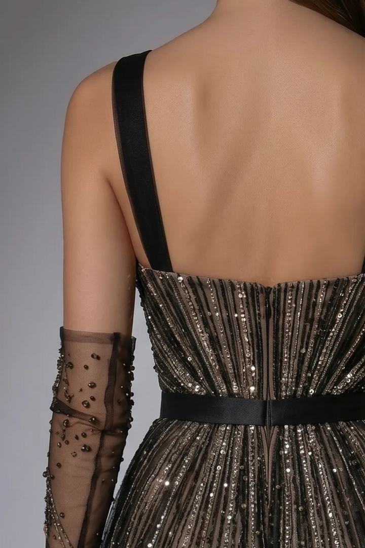 Gothic Black Glitter Sequin Ball Gown with Draped Shoulders - Elegant Black Glitter Dress Long Plus Size
