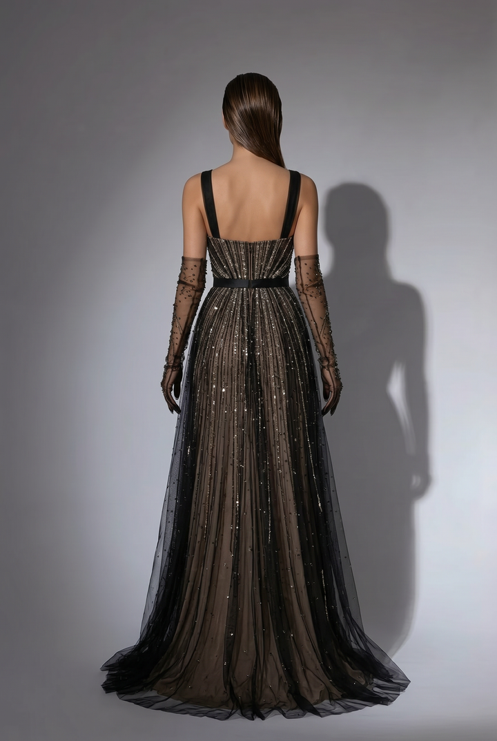 Gothic Black Glitter Sequin Ball Gown with Draped Shoulders - Elegant Black Glitter Dress Long Plus Size
