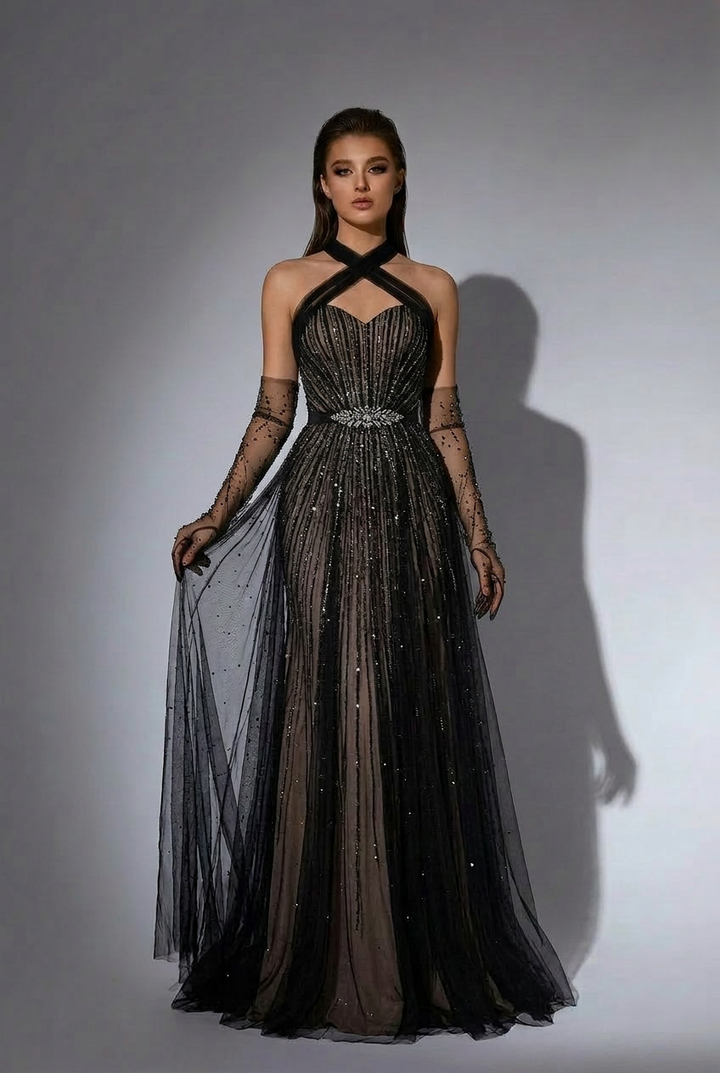 Gothic Black Glitter Sequin Ball Gown with Draped Shoulders - Elegant Black Glitter Dress Long Plus Size