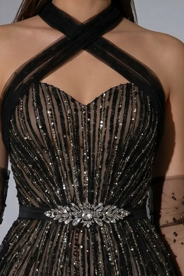 Gothic Black Glitter Sequin Ball Gown with Draped Shoulders - Elegant Black Glitter Dress Long Plus Size